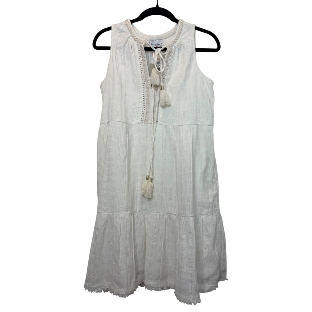 Tommy Bahama White Cotton Tiered Sleeveless Tassel Dress 236-SS500476 M